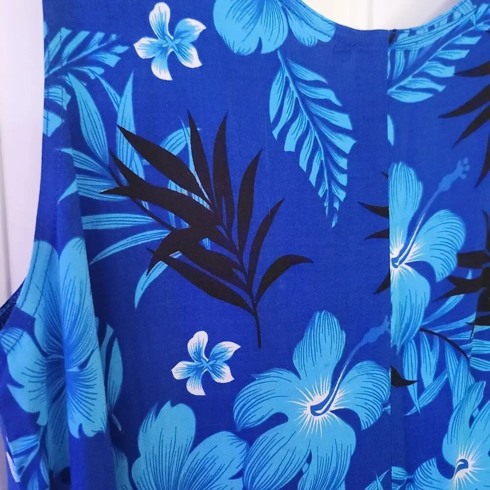 Aloha Hawaiian Fashion Sleeveless Maxi Dress Blue Hibiscus S/M Floral Dressy - Picture 3 of 5